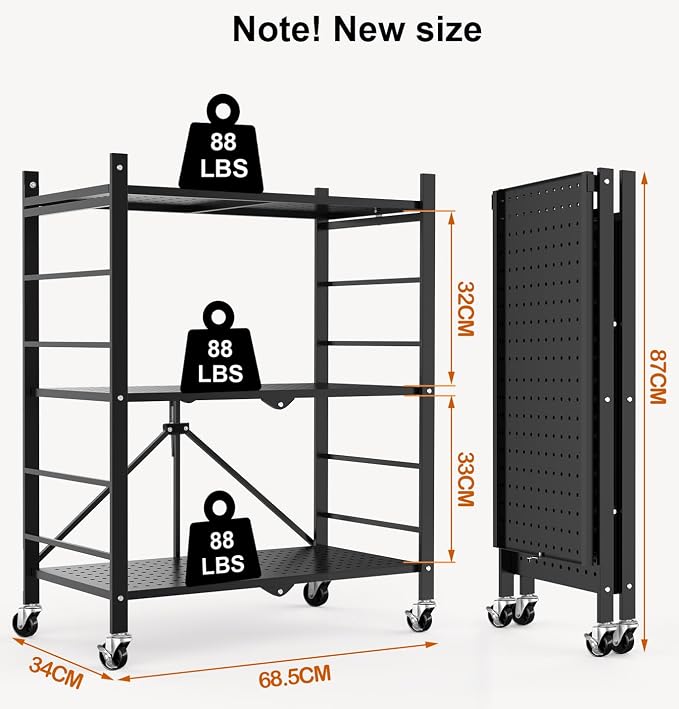 Himix 3 Tier Foldable Storage Shelf with Wheels 6 Hooks No Assembly Black | Metal collapsible organization, Folding shelves rack, Wire shelving, Unit rolling cart, Kitchen, Garage, Holds 792 Ibs - Image 3