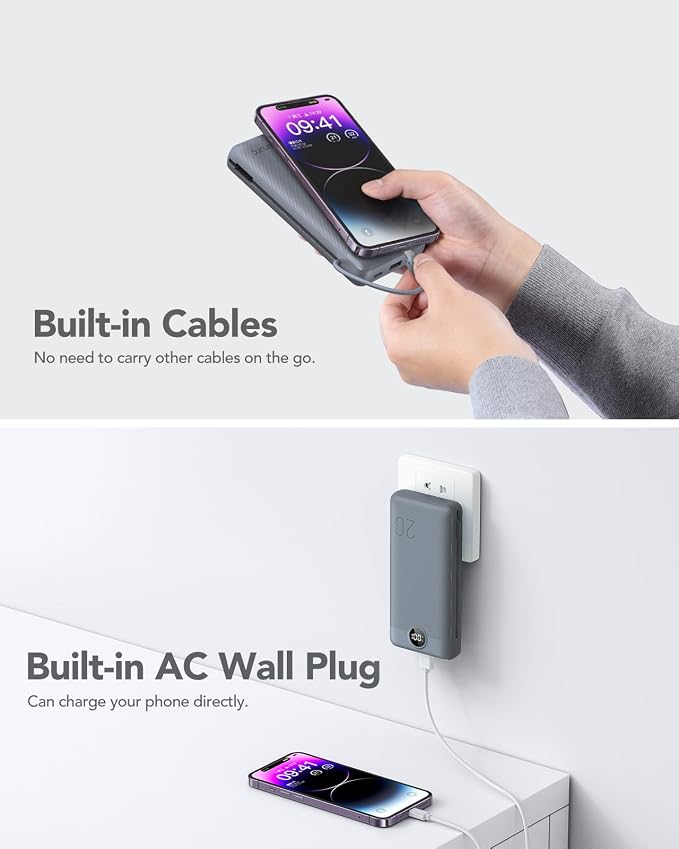 Portable Charger Power Bank 20000mAh,VRURC 22.5W Fast Charging Power Bank With Cables, 20K USB C Portable Charger With Wall Plug, Phone Battery With Cords For iPhone, Samsung, Android Phones, etc-Grey - Image 8