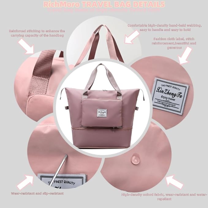 Large Capacity Foldable Travel Bag, Expandable lightweight Carry on Bag, Dry with Wet Separation Spor Duffel Bags (Pink) - Image 3