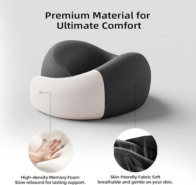 Travel Pillow - Memory Foam Neck Pillow Airplane, Neck Travel Airplane Pillow for Long Flight, Portable Travel Essentials, 360º Ergonomic Support, Machine Washable (Black) - Image 2