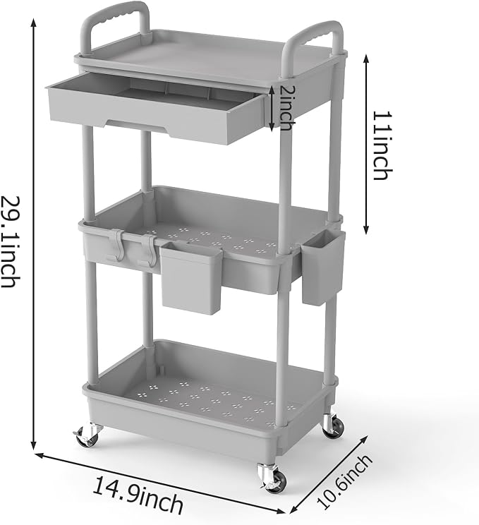 3 Tier Rolling Utility Cart with Drawer, Plastic Storage Organizer Rolling Carts with Wheels Handles Hanging Cups Hooks for Office, Bathroom, Kitchen,Craft Art Room (Grey) - Image 2