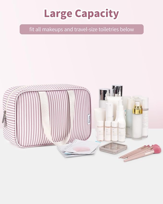 Full Size Toiletry Bag Women Large Cosmetic Bag Travel Makeup Bag Organizer Medicine Bag for Toiletries Essentials Accessories (Dusty Rose Stripe, Large) - Image 5