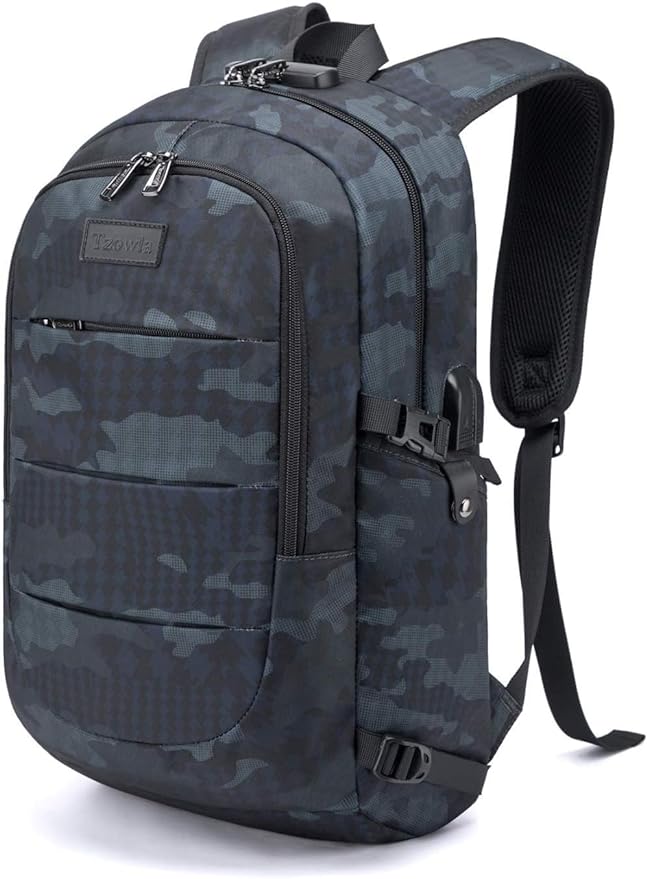 Tzowla Travel Laptop Backpack Water Resistant Anti-Theft Bag with Giant Tumbler Holder Pocket and Lock 17.3 Inch Computer Business Backpacks for Women Men Work College Gift,Casual Daypack(BlueCamo) by Tzowla