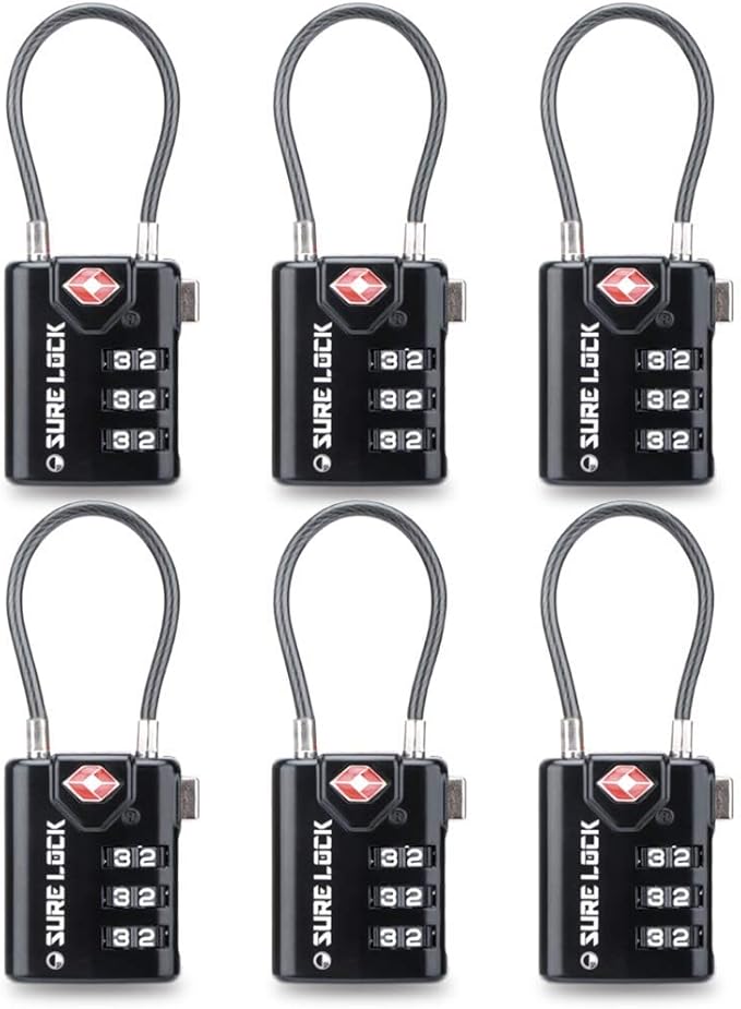 SURE LOCK TSA Approved Luggage Locks with Open Alert Indicator, 3 Digit Combination Cable Travel Lock for Suitcase, Backpack, Gym Locker, Toolbox & Travel Bag(Black 6 Pack by Hopeyoucanstaysafe