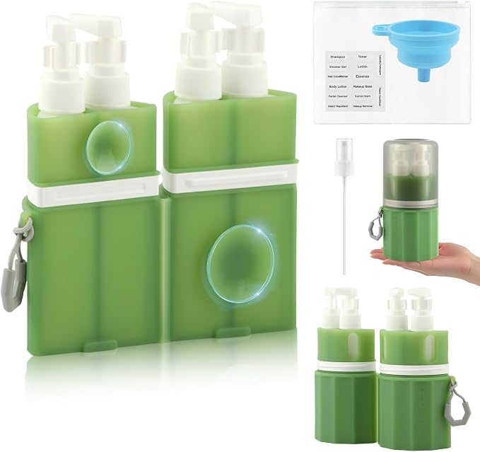 4 in 1 Wall Suction Travel Bottles Set, TSA Approved Leak Proof Travel Size Toiletries Containers with Funnel Labels Bag, Refillable Shampoo Dispenser Kit, (green) by Unknown
