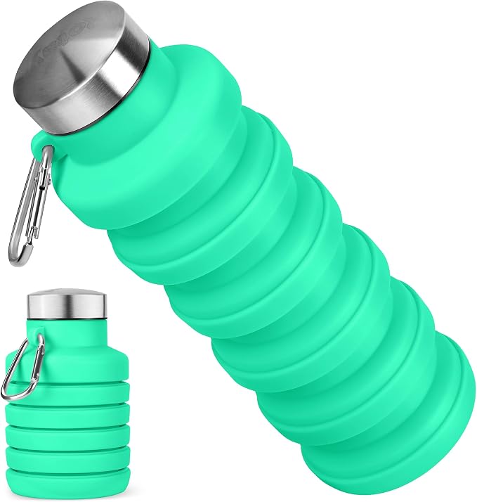 Collapsible Water Bottle, 16oz Portable Reusable Silicone Water Bottle, BPA-Free Leak-Proof Foldable Design with Carabiner, Lightweight Durable for Gym, Travel, Camping, Hiking, Sports-Green by HOME