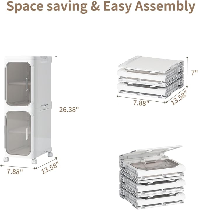2 Tier Slim Bathroom Storage Cabinet, Foldable and Movable, White | Tools Free, ABS and PET, Magnetic Clear Door, Adjustable Shelves, Lockable Wheels, Water Resistant, For Narrow Space - Image 2