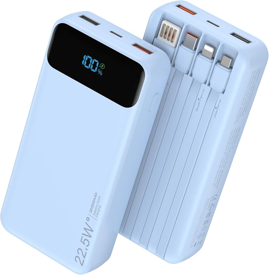 Nusyddy Portable Charger 20000mAh 22.5W w/4 Built-in Cables/6 Outputs Blue | 22.5W Fast Charging, LED Display, Pass Through Charging, Charge 6 Devices at once, TSA Approved, Fits iPhone, iPad, Samsung by NUSYDDY