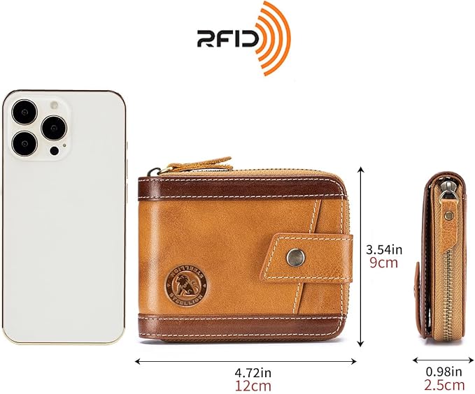 Men's Leather RFID Wallet with Zipper, 14 Card Slots, ID Window | Zippered coin pocket separates loose change; organized for commuting and everyday carry (Brown) - Image 3