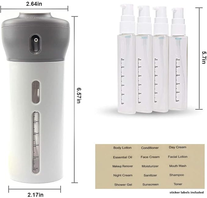 Travigo 4-in-1 Travel Dispenser Bottle, TSA Approved, Leak Proof, Four Reusable 1.4 oz. (40 mL) Toiletry Containers for Shampoo, Conditioner, Soap, Lotion, Skincare (Gray) - Image 8