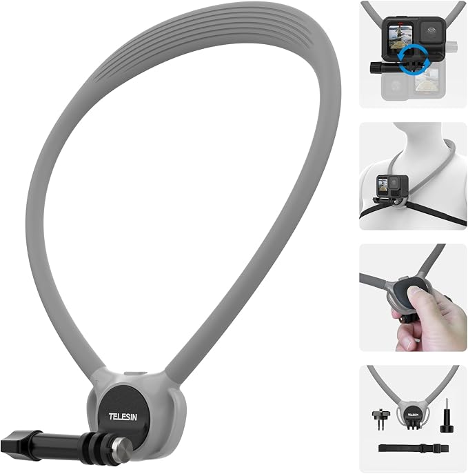 TELESIN Action Camera Neck Mount SE 2.0 with Chest Strap, Gray | Air-Cushioned Neck Mount with 90° Rotation and Chest Strap; Fits GoPro, DJI Osmo Action, Insta360 and AKASO Cameras. by telesin