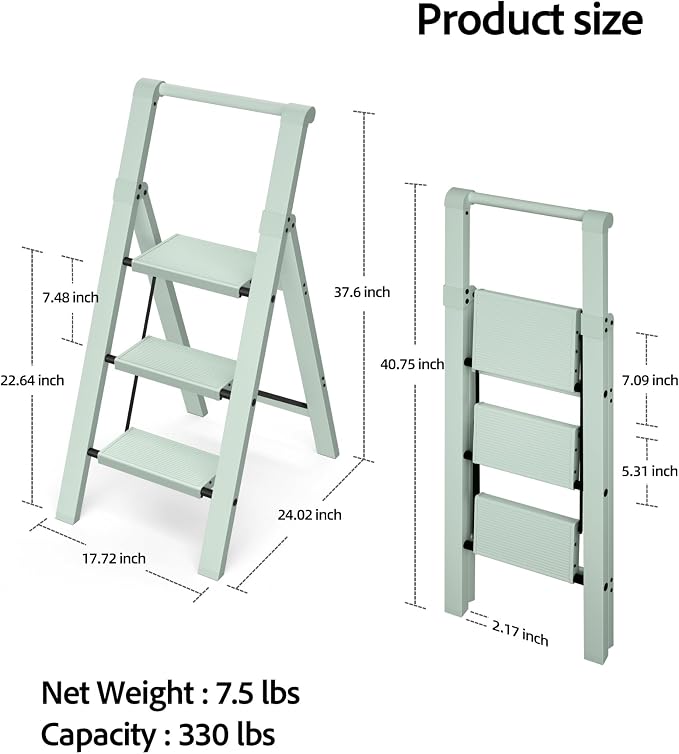 Taranta 3 Step Ladder,Aluminum Step Stool Foldable-Fairyland Green | Lightweight Folding Ladder with Handgrip,Wide Top Pedal,330lbs Capacity Stepladder for Home,Office,Kitchen - Image 6