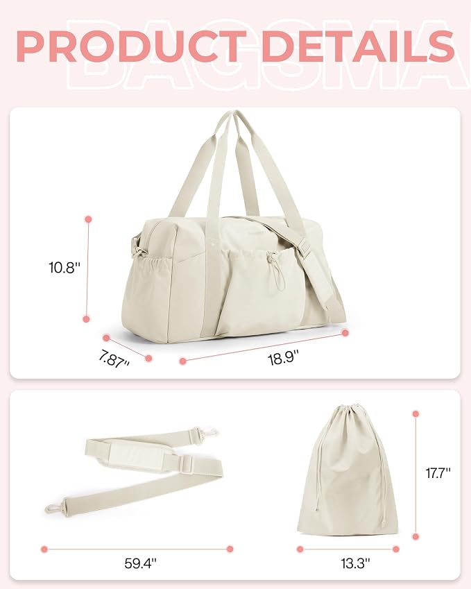 BAGSMART Weekender Duffle Bag with Shoes Bag, Travel Essentials, Beige | 26L Airport Carry On Overnight Gym Tote Bag for Sports and Travel Essentials, unfoldable - Image 7