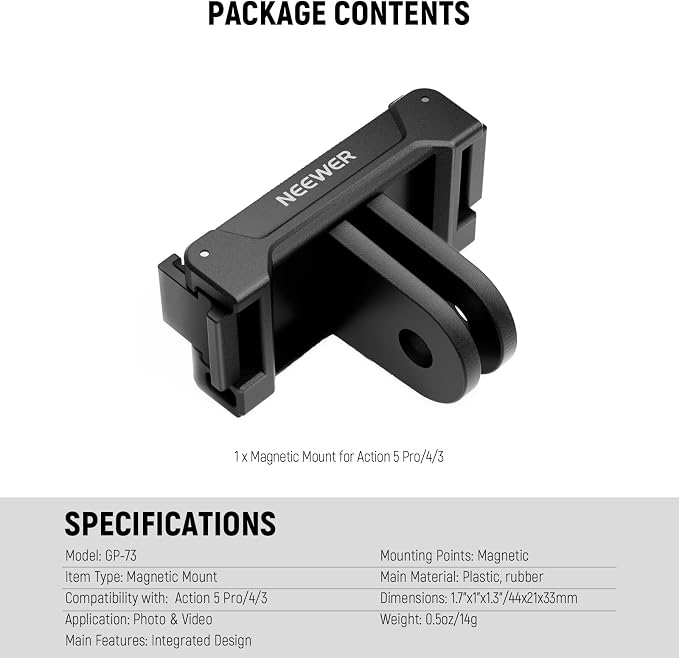 NEEWER Magnetic Mount Adapter Compatible with DJI Osmo Action 5 Pro 4 3, Quick Release Mount Base with Two Prong Connector for Tripods, Selfie Sticks, Vlogging Accessories, GP-73 - Image 7