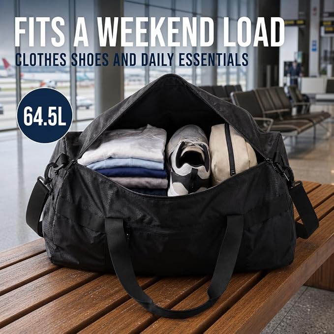65L Foldable Duffle Bag for Travel – Lightweight Packable Duffel Bag, Collapsible Weekender Overnight Travel or Gym Bag, Water-Resistant, Large Capacity (Black) - PackVerge - Image 3