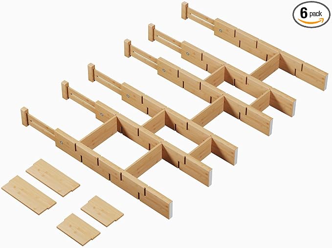 Bamboo Drawer Dividers 6 Pack with Inserts, Kitchen Adjustable Drawer Organizers for Home, Bedroom, Dresser, Expandable Organization 6 Dividers with 12 Inserts by FILWH