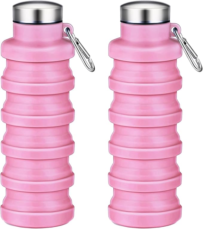 Collapsible Water Bottles,16oz Capacity Portable Reusable Silicone Water Bottle,Leak-proof,with buckle,foldable storage,Lightweight Durable for Fitness,Cycling,Sports,Camping,Hiking(Pink+Pink) by Unknown