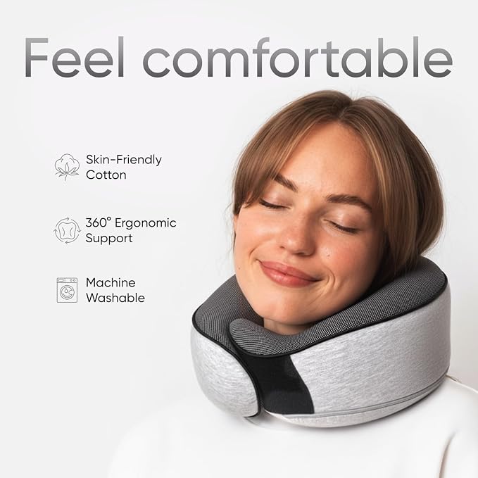 Travel Neck Pillow for Airplanes, Long Haul Flight Kit, Grey | 360 Head Support, Sleeping Essentials with 3D Contoured Eye Mask, Earplugs and Luxury Mesh Bag for Long Flights and Car - Image 2