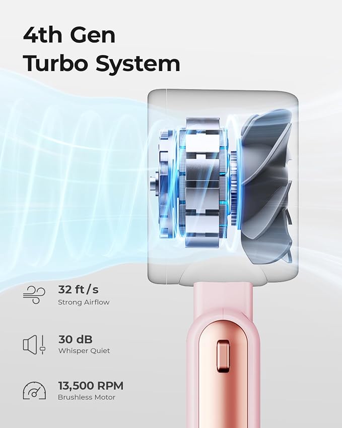 Portable Handheld Turbo Fan - 5 Gear High Speed 4000mAh Rechargeable Mini Personal Hand Fan Blow Cold Air, Battery Operated Travel Essentials, Beach Vacation, Gifts for Women, Men (Pink) - Image 4