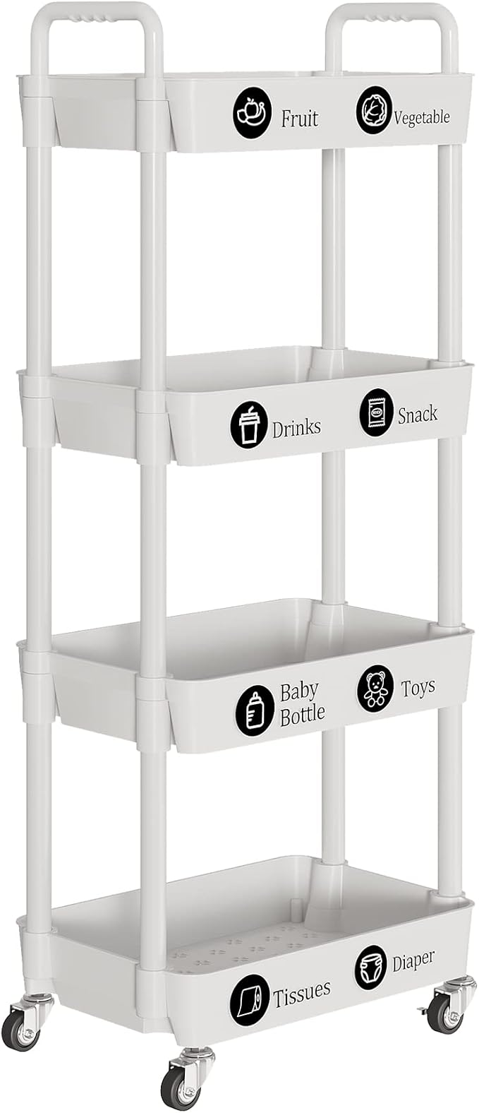 Laiensia 4-Tier Storage Carts,Multifunction Utility Rolling Cart Kitchen Storage Organizer,Mobile Shelving Unit Cart with Lockable Wheels for Bathroom,Laundry,Living Room,With Classified Sticker,White - Image 8