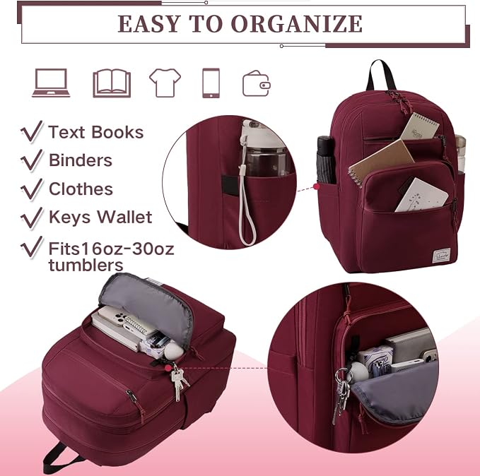 VASCHY School Backpack for Women, Unisex Large Bookbag Schoolbag Casual Daypack for High School/College/Teens/Travel/Work Red - Image 6