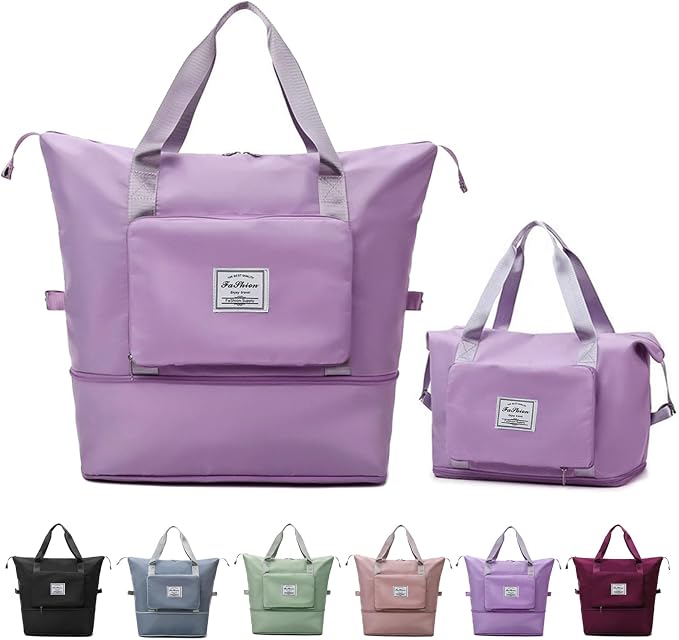 Large Capacity Folding Travel Bag, Lightweight Waterproof Luggage Bag, Expandable Travel Duffel Bag, Dry Wet Separated Gym Tote Bag, Weekender Overnight Bags for Women and Man (Light Purple) by DOJUNS