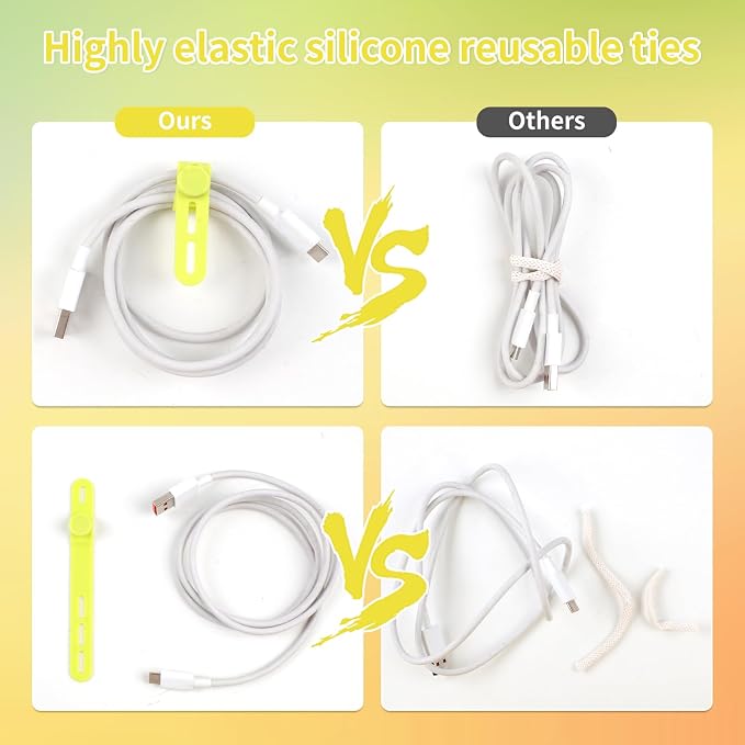 Oligei 25 Pcs Silicone Cable Ties, Cable Ties Reusable, High Elasticity Cord Wraps for Electrical Cords, Cord Organizer for Earphone, Phone Charger(Yellow) - Image 4