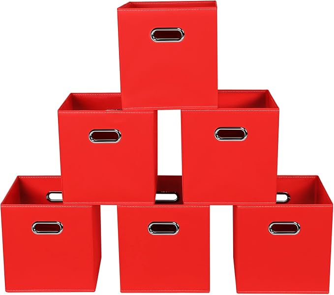 Fabric storage bins Cubes, Fabric Cube Organizer with Handle, Foldable Cube Bins for Cloth or Accessary Storage, 11x11x11, Set of 6, (Red) by Yunkeeper