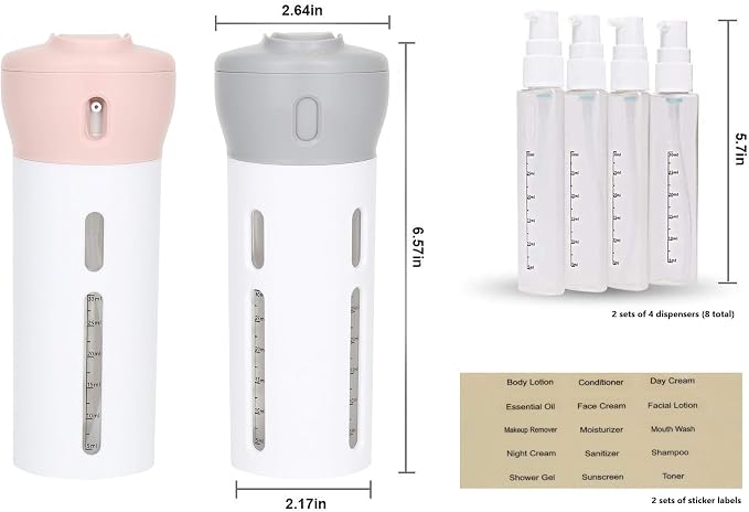 Travigo 4-in-1 Travel Dispenser Bottle Set, TSA Approved, Leak Proof, Reusable 1.4 oz. (40 mL) Toiletry Containers for Shampoo, Conditioner, Soap, Lotion, Skincare (2 Pack, Pink & Gray) - Image 7