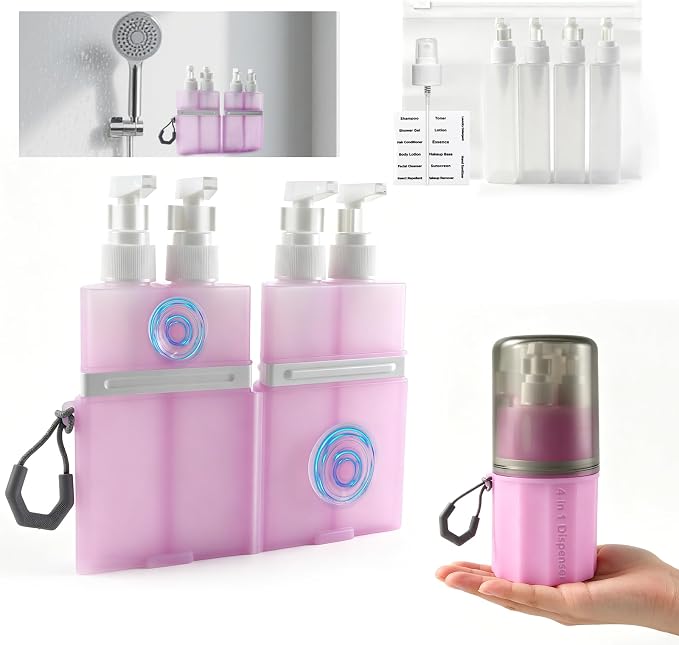 4 in 1 Travel Dispenser，Unbreakable Silicone Travel Dispenser Bottle, Vacuum Suction Wall Mounted Refillable Containers,Leakproof Toiletry Containers for Shampoo, Lotion, Baby Care-Pink. by MORMIDTravelMakeupBag
