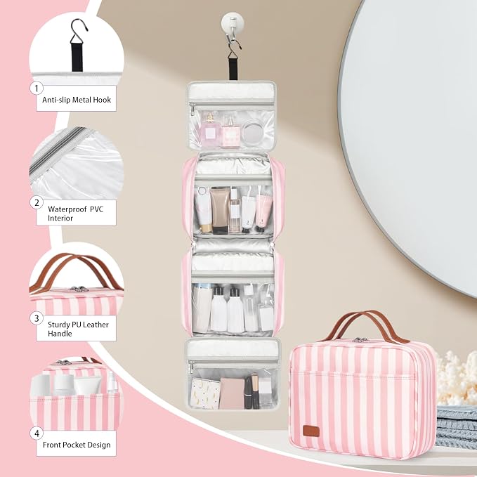 Hanging Travel Toiletry Bag,Large Capacity Cosmetic Travel Toiletry Organizer for Women with 4 Compartments & 1 Sturdy Hook,Perfect for Travel/Daily Use/Christmas - Image 4