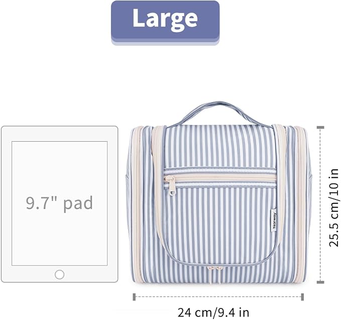 Narwey Striped Hanging Travel Toiletry Bag for Women, Travel Bag for Toiletries, Makeup Bag Organizer Cosmetic Bags Make Up Bags for Women (Greyish Blue Stripe) - Image 7
