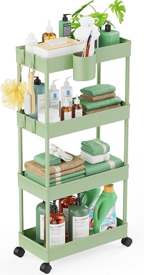 LEHOM Slim Rolling Storage Cart - 4 Tiers Bathroom Organizer Utility Cart | Slide Out Storage Shelves Mobile Shelving Unit for Kitchen, Bedroom, Office, Laundry Room, Small Narrow Spaces (7.1" W+Green) by LEHOM