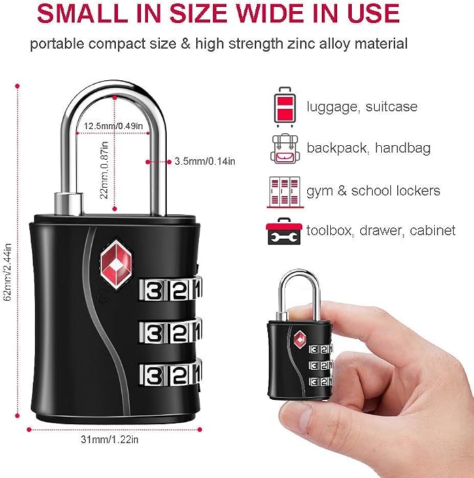 ZHEGE TSA Luggage Lock for Train 4 Pack, 1 Cable (30 Inch) (Black) | Travel Lock for Backpack, Suitcase, School Gym Locker - Image 4