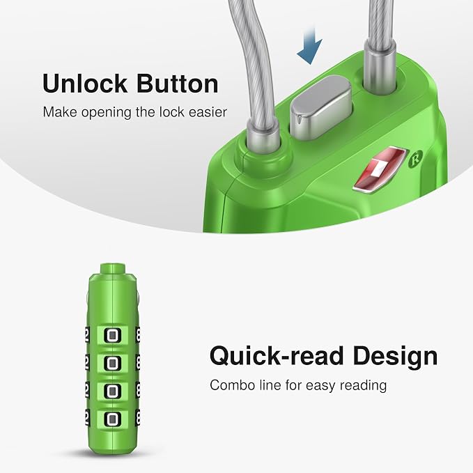 Puroma 2 TSA Approved Luggage Locks 4 Digit Code Cable Lock Basic Green | Resettable, Flexible Cable, Zipper holes, Zinc Alloy, Bright Color, Large White Numbers, Suitcase Train Travel, laptop bag - Image 4