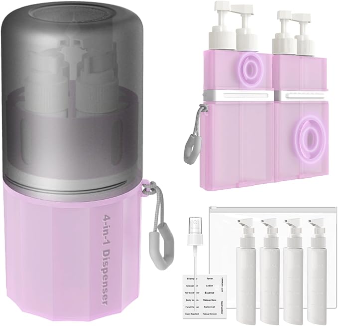 4 in 1 Travel Dispenser Bottle, TSA Approved Refillable Shampoo and Conditioner Bottles Set with Suction Cup for Smooth Walls, Travel Size Toiletries Container for Body Wash/Lotion.(Pink) by Unknown