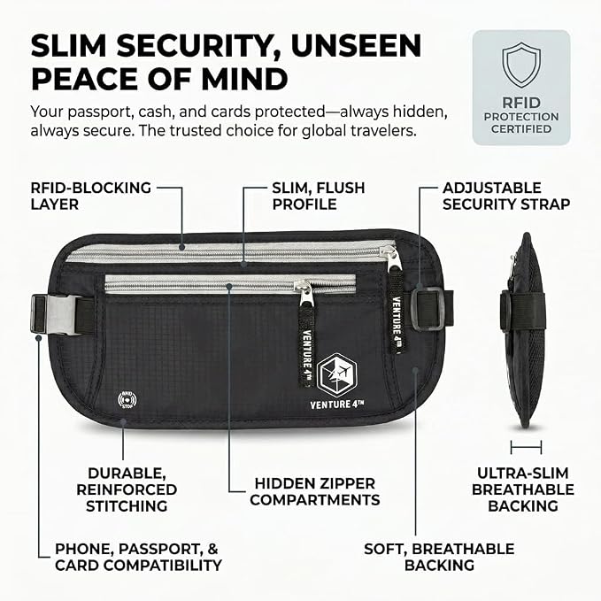 VENTURE 4TH Travel Money Belt with 7 RFID Sleeves - Black - Image 6