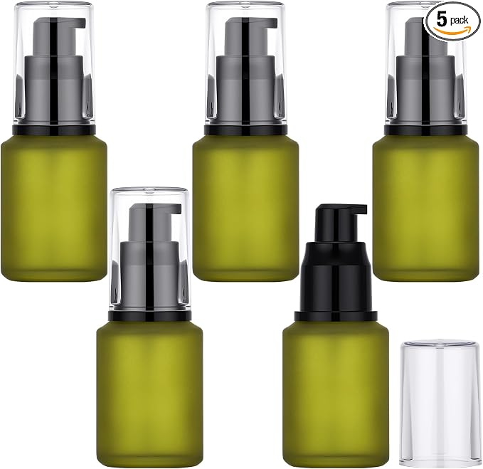 Segbeauty 1oz Frosted Glass Empty Travel Size Containers for Creams, 5pcs Refillable Lotion Pump Bottle Dispenser, 30ml Small Liquid Travel Containers, Green Mini Lotion Container Pump Dispensers by Segbeauty