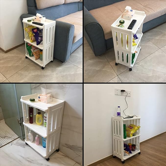 Rolling Storage Utility Cart Slim Organizer Shelf with Wheels 3 Tier Narrow Places Mobile Shelving Unit Tower Rack for Kitchen Bathroom Laundry Room Home Office Bedroom Living Room Washroom, White - Image 5