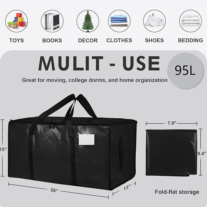 16 Pack-Extra Large Heavy Duty Moving Bags - Waterproof Storage Totes with Handles & Zippers, Foldable for College Dorm, Storage (Black) - Image 2