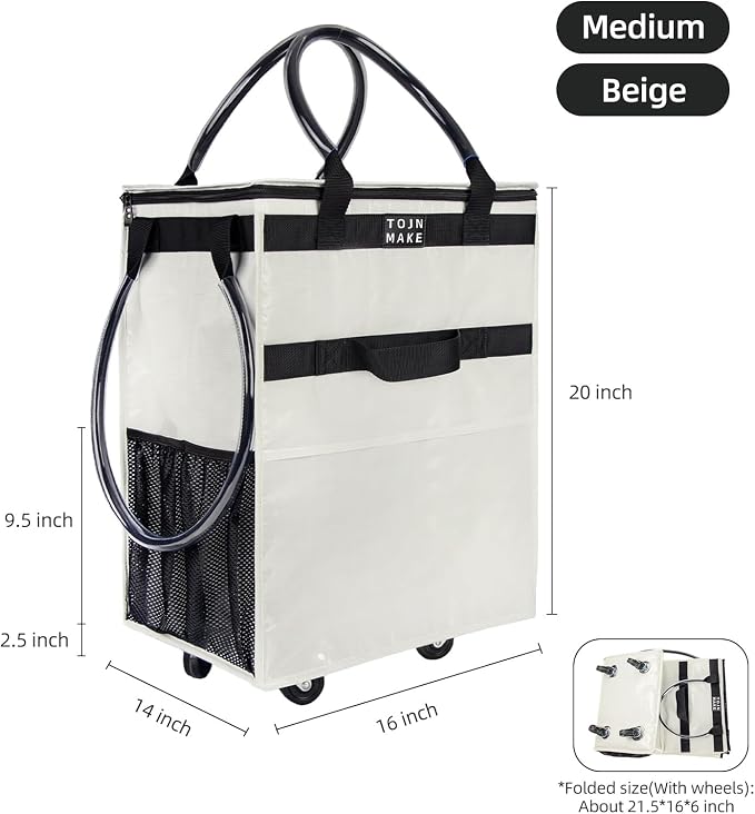 Reusable Grocery Bag On Wheels, Shopping Trolley, Rolling Tote with 8 Pockets and Zipper Cover, Foldable, Heavy Duty Handles, Carries Up to 46 LBS (Medium, Beige) - Image 2
