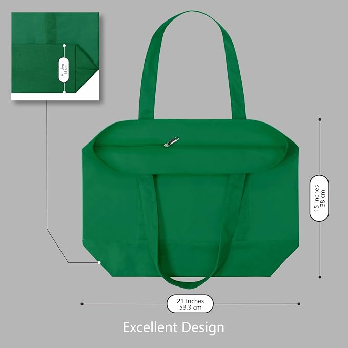 TOPDesign 1-Pack Canvas Tote Bag with an External Pocket, Reusable Grocery Shopping Bag, Top Zipper Closure, Daily Essentials (Green) - Image 5