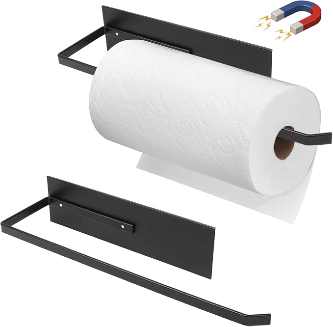 Paper Towel Holder Black, Toilet Paper Roll Holder Magnetic Towel Rack Wall Mount Fridge Organizer Shelf for Towels Rolls Bar Bathroom Toilet Pantry RV Essentials Kitchen Organizers and Storage 2 Pack by SeropyDirect