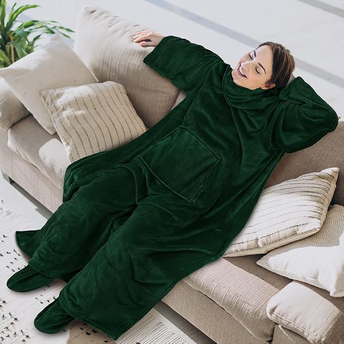 PAVILIA Fleece Blanket with Sleeves, Foot Pockets for Women Men Adults, Plush Wearable Blanket Throw Wrap, Warm Snuggle Blanket Robe, Cozy Gift Ideas Wife Mom, Dark Green - Image 3