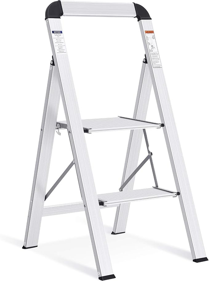 KINGRACK Aluminium 2 Step Ladder, Lightweight Step Stool with Non-Slip Pedals, Handrail, 330LBS Foldable Step Ladder for Kitchen, Garage, Home, Space Saving, Sturdy and Portable, Silver by KINGRACK