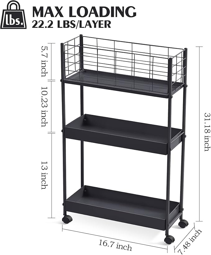 KINGRACK Slim Rolling Storage Cart 3 Tier - Heavy Duty Metal Utility Cart with Raised Edge & Wheels, Narrow Small Mobile Organizer Shelves for Bathroom, Kitchen, Laundry, Office, Living Room, Black - Image 8