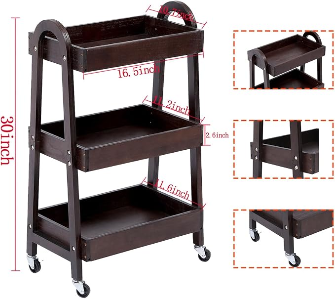 3 Tier Rolling Craft Cart Slim Rolling Storage Cart Wooden Cart on Wheels Bathroom Organizer Rolling Utility Cart Mobile Shelving Unit for Kitchen Bathroom Laundry Narrow Places (Black) - Image 2
