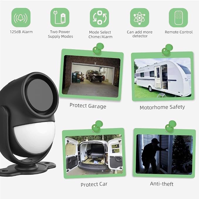 125dB Loud Motion Sensor Alarm with 328ft Remote Control (40ft PIR Detector, 3*AA Batteries), Indoor Wireless Infrared Security Motion Detector with Siren for Home/Shed/Garage/Van (Black) - Image 2