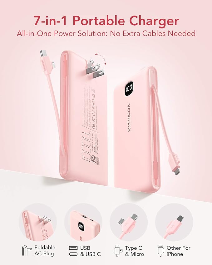 Portable Charger Power Bank Built in Cables and Wall Plug, 10000mAh iPhone Battery Pack Fast Charging, USB C External Slim Power Bank, Travel Essentials Compatible with iPhone 16 15 14 13 iPad, Pink - Image 3