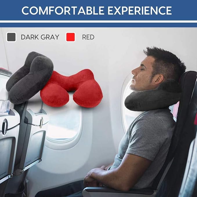 Inflatable Travel Pillow for Airplane Inflatable Neck Pillow for Traveling with Soft Velvet Washable Cover for Sleeping, Airplane,Train, Car, Office, Contoured Eye Masks, Earplugs (Dark Gray) - Image 2